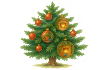 Christmas tree with festive ornaments, illustrating cozy holiday scenes and presents for seasonal celebration