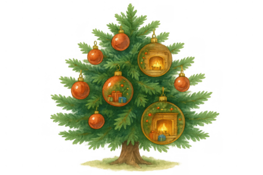 Christmas tree with festive ornaments, illustrating cozy holiday scenes and presents for seasonal celebration