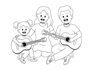 A happy family of three plays guitars together, smiling and enjoying music.
