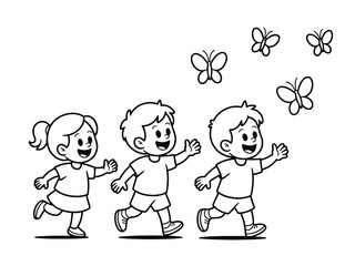 Three happy children are chasing butterflies in a park.
