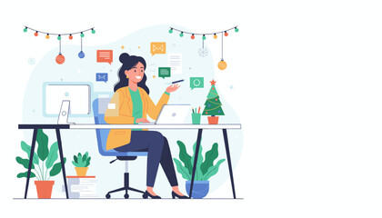 Happy businesswoman working in a festive office setting decorated for the Christmas holidays