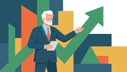 Senior businessman presenting financial growth strategy with upward arrow chart