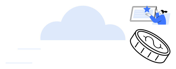 Cloud with motion lines, person interacting with a digital reward screen, coin icon. Ideal for technology, data storage, digital rewards, cloud computing, innovation, online interaction simple flat