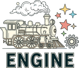 Vintage Steam Engine Illustration Graphic Design for Transport Industry Presentation, Antique Locomotive Powering Forward,  Creative Transportation Technology Artwork Nostalgia,  Railroad  Business