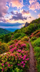 Obraz premium Mountain path with azaleas at sunset