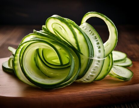 thin shavings of cucumber peel curling on wooden board ripe spiral