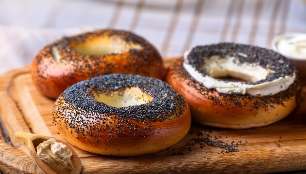 freshly baked bagels on wooden board with cream cheese and toppings poppy seed delicious