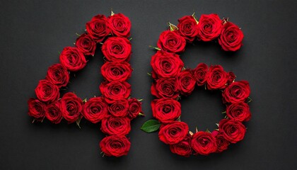 Number 46 made out of red roses with black background. Photo for birthday or anniversary party