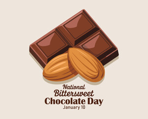 National Bittersweet Chocolate Day vector. Dark chocolate bar and almonds icon vector. January 10.