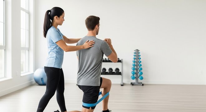 Female therapist guides man in lunge exercise with resistance band - Powered by Adobe
