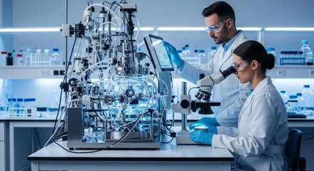 Biotechnology researchers operate complex lab systems for scientific discovery