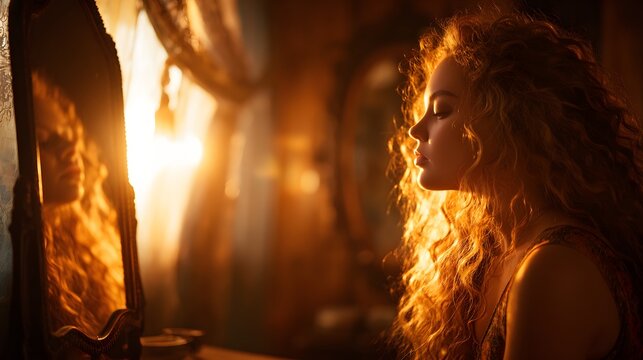 Young woman gazes into an ornate mirror illuminated by warm, intense sunlight