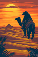 Sunset in the desert with a bear riding a camel against a warm orange sky