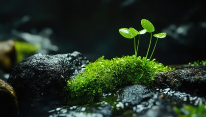 Fresh sprouts on mossy rocks by a stream