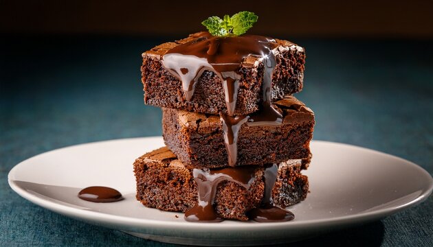 stack of fudgy brownies rich melted chocolate drizzled atop dessert photography decadent - Powered by Adobe