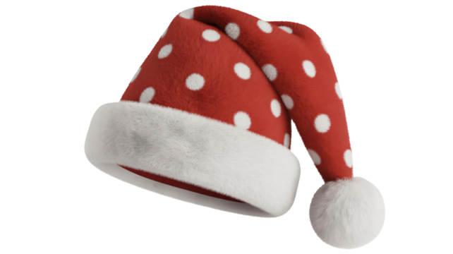 Festive red polka dot Santa hat with fluffy white trim and pompom, perfect for holiday celebrations and winter fun.