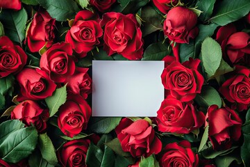 Blank white card surrounded by vibrant red roses and green leaves