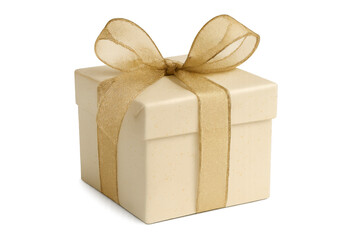 Obraz premium Cream gift box tied with a gold ribbon and bow, symbolizing celebrations, giving, and special surprise events