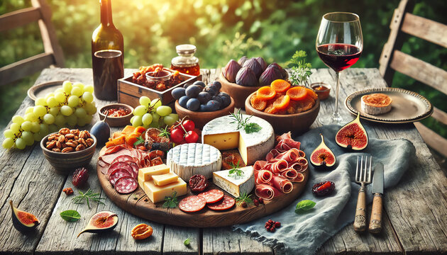 A rustic outdoor picnic setting featuring a wooden table with a complete charcuterie board