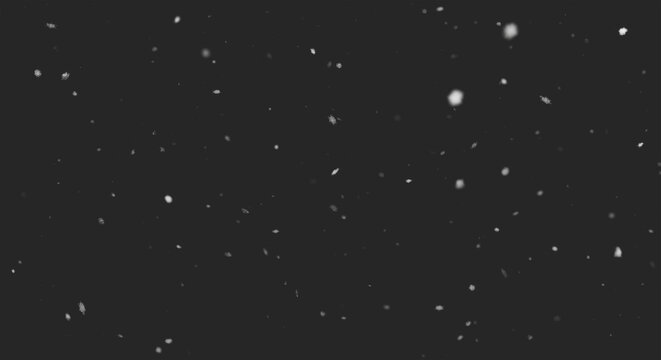 Photorealistic snow particles texture with bokeh and motion blur isolated on black background