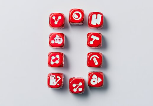 Red dice, each displaying a different icon, arranged in a large letter "O