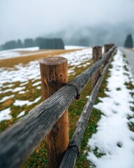 Rustic Wooden Fence in Focus, Leading Line Through a Tranquil Winter Landscape, Patchy Snow and Green Grass, with a Mystical, Foggy Mountain Range