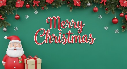 Merry Christmas festive background with Santa Claus and gift box.