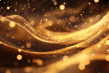 Golden, shimmering, textured waves.  Abstract, digital design with particles and bokeh