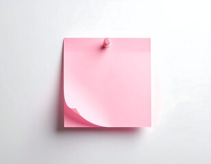 A square pink sticky note pinned to a white wall, with a curled corner