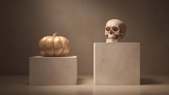A composition featuring a skull and a pumpkin set against a neutral background. The skull sits atop a square platform next to a gold pumpkin