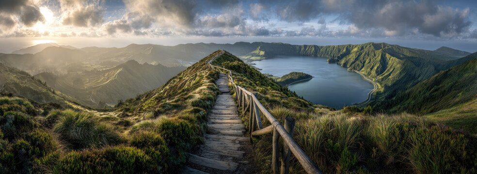 Scenic panoramic view of a wooden path leading to a lake surrounded by green hills - Powered by Adobe