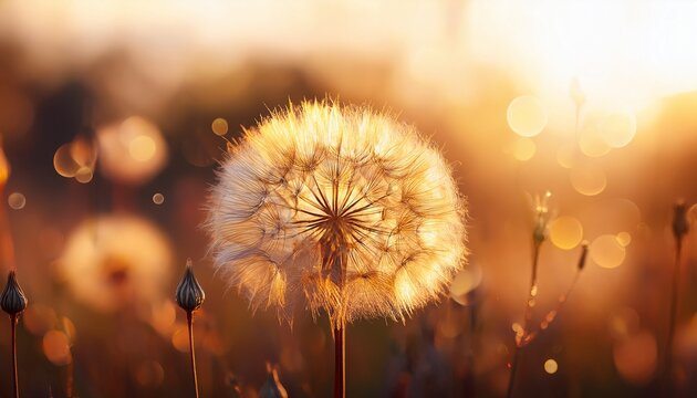 golden dandelion seed head bathed in sunlight ethereal glow shallow focus gentle soft
