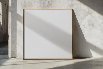 Blank art canvas on concrete wall. Sunlight casts shadows