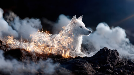 Naklejka premium White wolf surrounded by glowing fire and smoke in a mystical volcanic landscape at night
