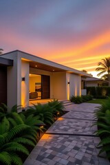 Modern Luxury Home Entrance at Sunset with Lush Landscaping.