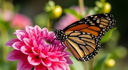 Monarch Butterfly on a Pink Dahlia Flower in a Garden.