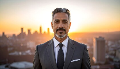 A distinguished man in a suit against a city skyline at sunset