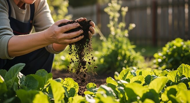 Gardeners Hands Sifting Soil in a Lush Vegetable Garden.