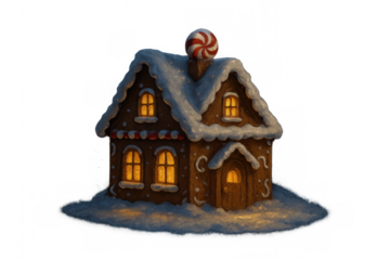 Gingerbread christmas house, a cozy holiday dessert with glowing windows, covered in snow and sweet candy, transparent background