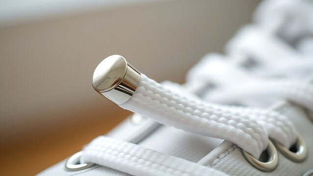 osmium. Polished metal aglet at the end of a white shoelace with metallic texture. lifestyle magazines, social media lookbooks, designed for lifestyle magazines and social media content.