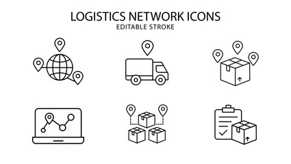A set of logistics network icons with editable lines (not outlined), 線の編集ができる物流網に関するアイコンセット（アウトライン化していない)
