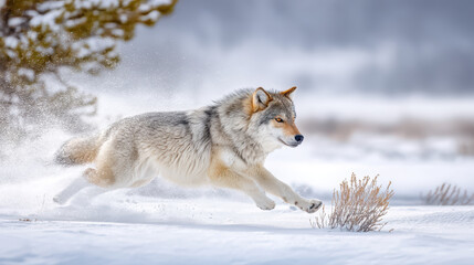 Obraz premium Grey wolf running through deep snow in a winter landscape, showcasing agility and strength amidst fallen trees and sparse vegetation