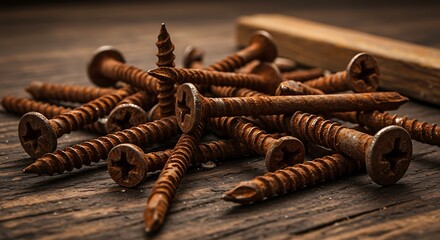 Pile of Rusty Screws on Weathered Wooden Surface.