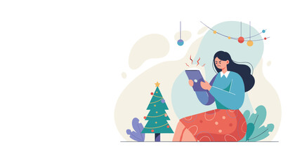 Frustrated woman dealing with tablet technology failure during Christmas