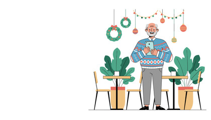 Elderly man in a festive holiday sweater uses a mobile phone in a decorated cafe space