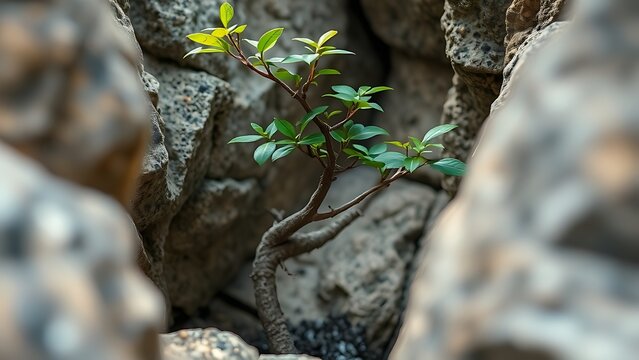 godliness. Young tree growing through rock crevice showing resilience in nature. ESG reports, sustainability campaigns, designed for environmental awareness campaigns, promotes sustainability.