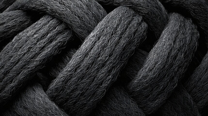 Intricate black rope woven together, demonstrating strength and texture. The focus is on the close-up details and the shadows of the weave.