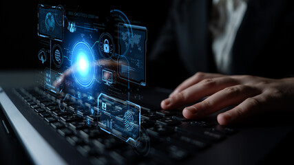 A futuristic command center interface for managing a global technology platform. The dashboard includes data security, network administration, and biometric user authentication. Fermion