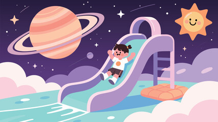 Child Playing on a Slide in a Dreamy Space Landscape