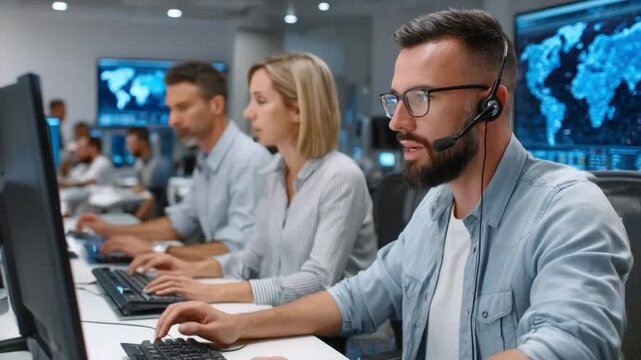 Data Center Work: A team of highly trained professionals, focused and attentive, works diligently within a cutting-edge data center, providing critical support. 